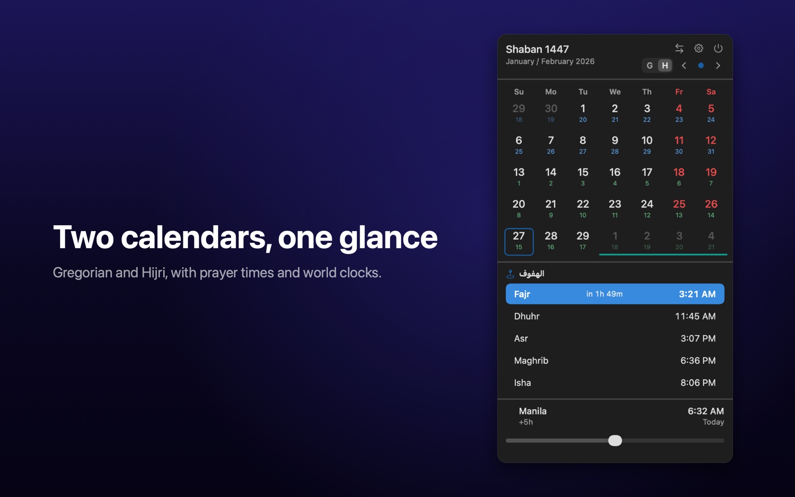 Soluna's menu-bar popover showing the Gregorian and Hijri calendars together, with the day's prayer times and a world clock below.