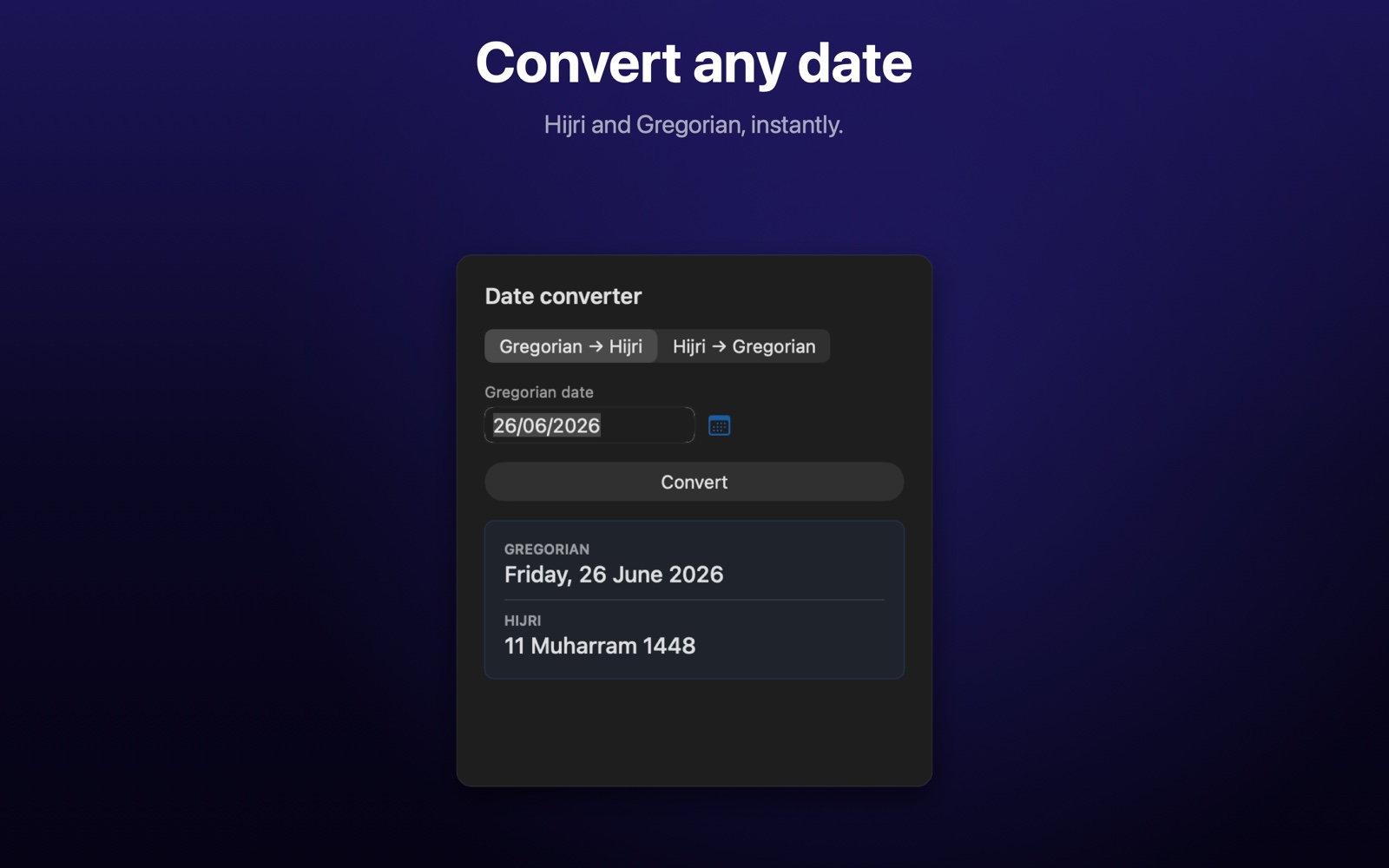 The built-in date converter translating a Gregorian date into its Hijri equivalent.