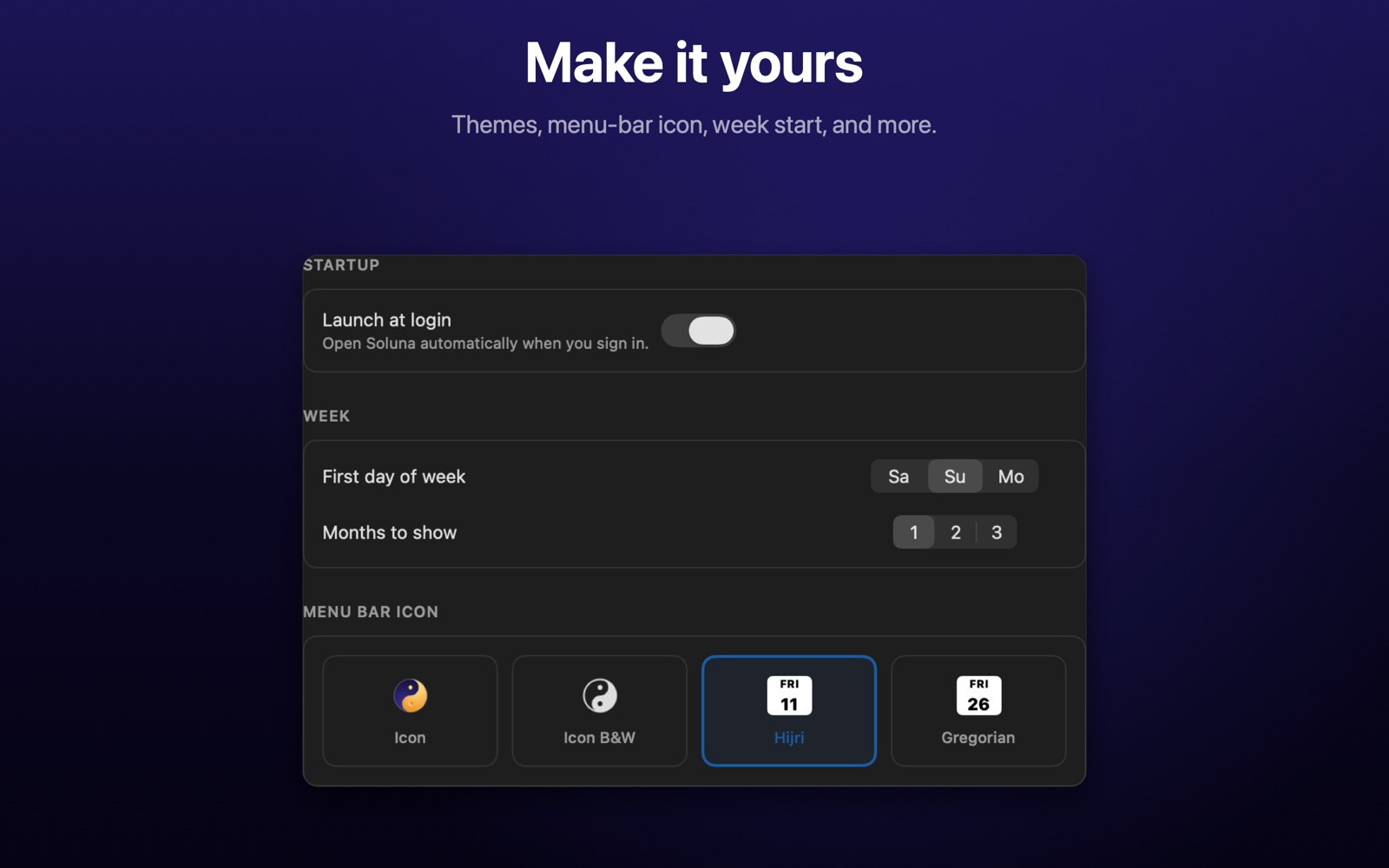 Customization settings for launch at login, first day of the week, months to show, and the menu-bar icon style.